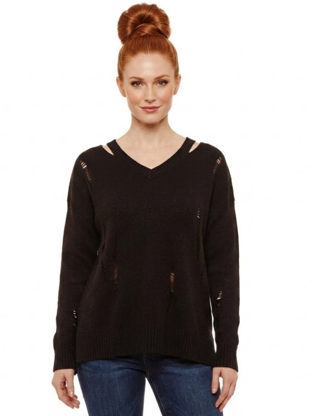 Arizona Jean Co Black Distressed Sweater LARGE NWT